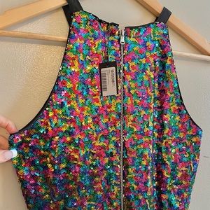 NWT (2) LE GALI rainbow sequin A line flare dress knee length high neck